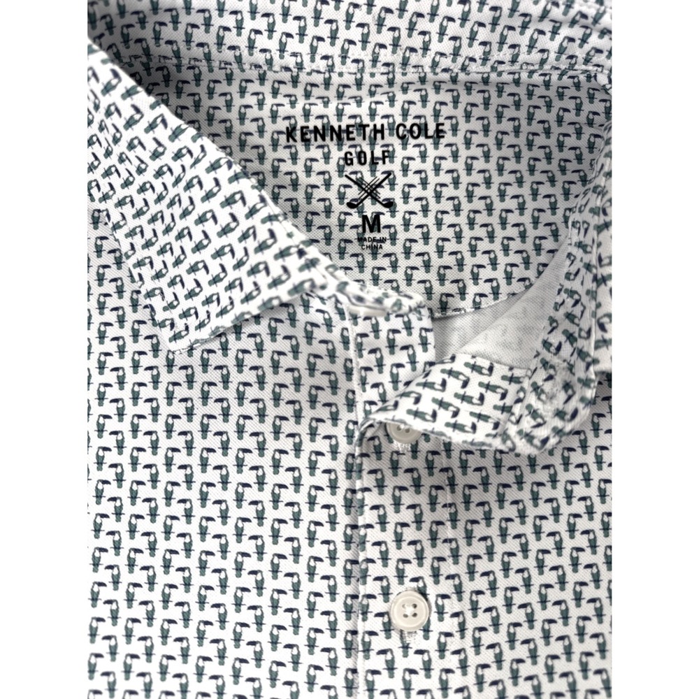 Kenneth Cole Golf Mens Teal White Geometric Print Polo Shirt M preppy old Money